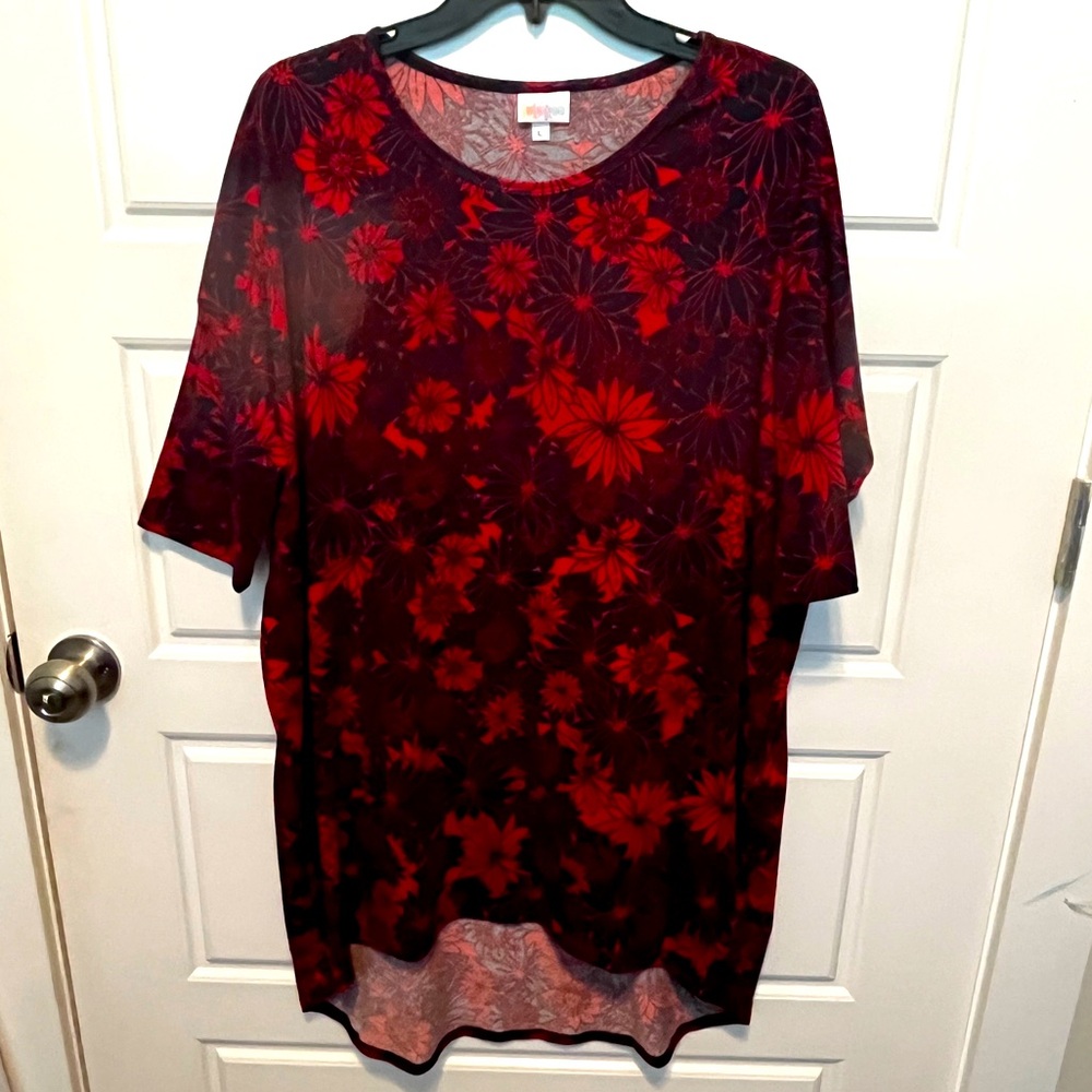 Lularoe Irma Tunic Top L navy and red floral print